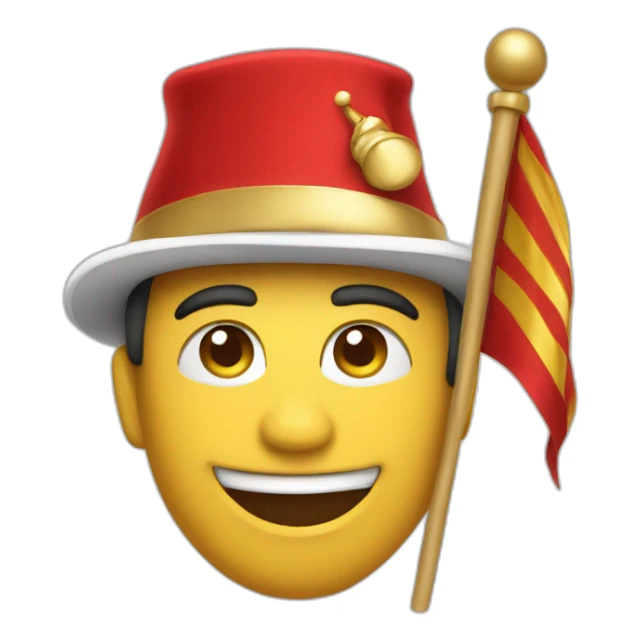 Create a strong man emoji with a confident smile, in red and gold, sporting a New Year's hat and waving a small flag. sticker