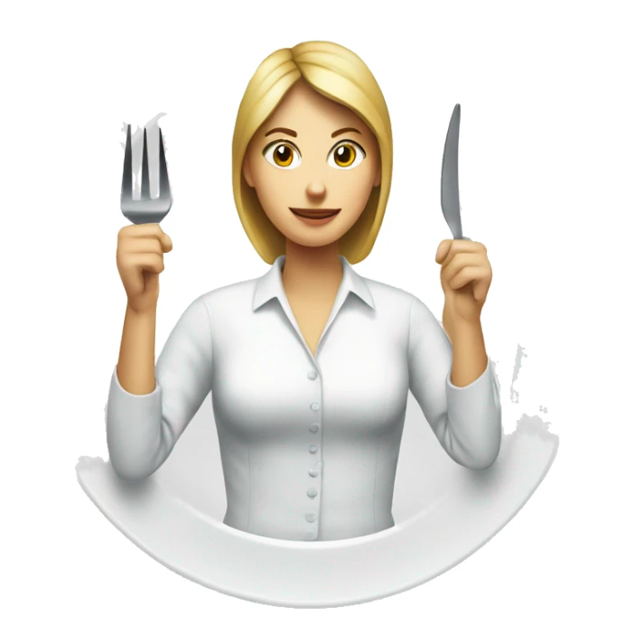 a woman with a fork and knife in hands; white plate near sticker