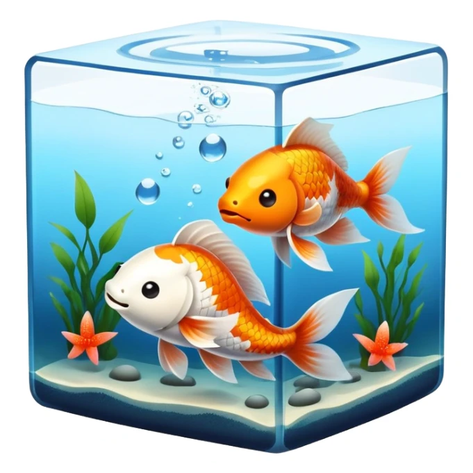 Cube fish tank, 2 koi fish, cute emoji sticker