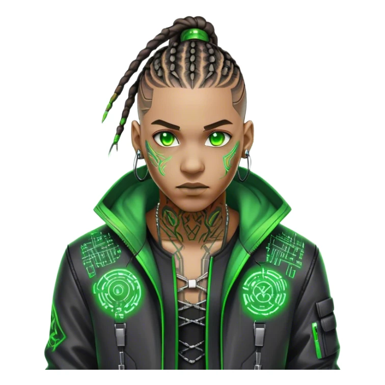Light skinned African American male with green eyes as a cyberpunk hacker with cornrows hairstyle sticker