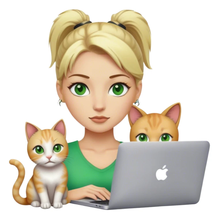 Blonde woman ponytail green eyes with cat and MacBook sticker