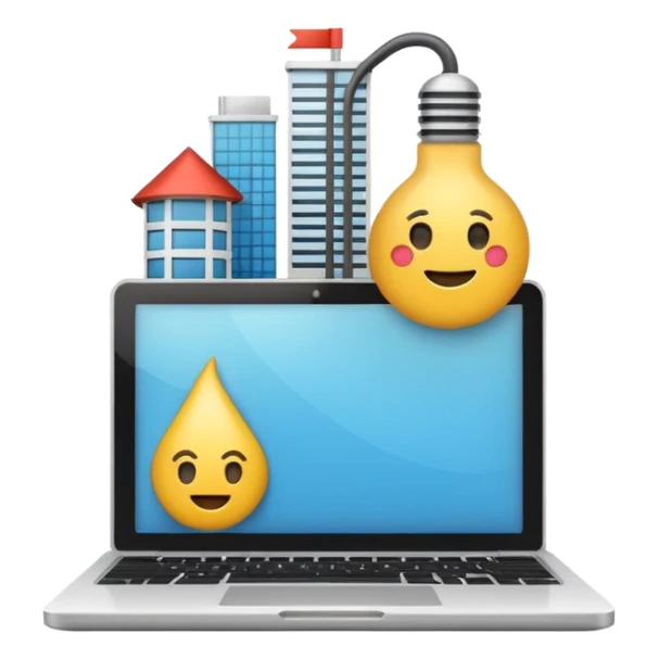 Emoji de una agencia creativa: edificio moderno pequeño con laptop y bombilla de ideas, estilo emoji minimalista, colores planos, líneas limpias, aspecto profesional y amigable, fondo transparente. sticker