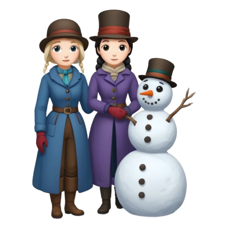  young Virginia Poe and  eldely Maria Clemm  full body building a snowman  1800's sticker