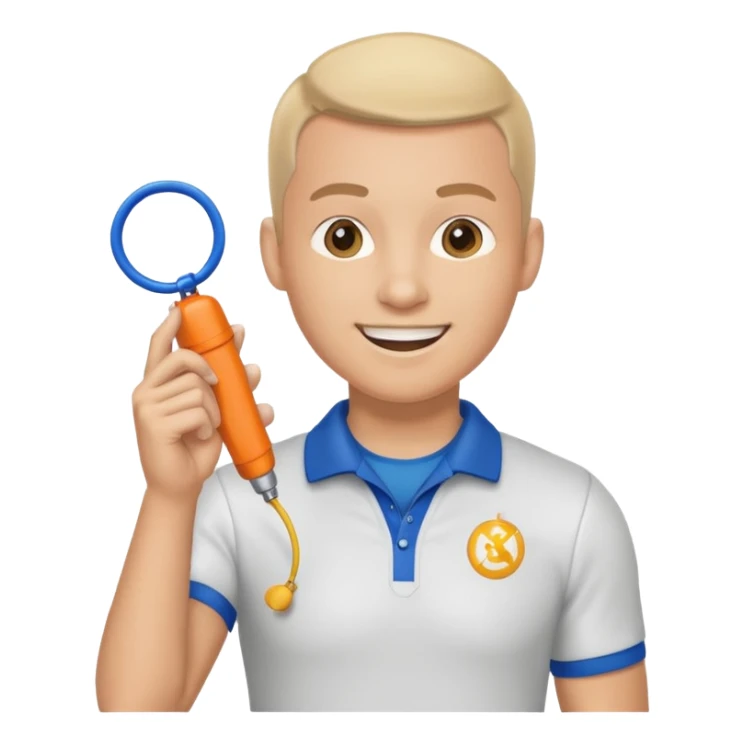 physical education teacher, smiling, holding a whistle sticker