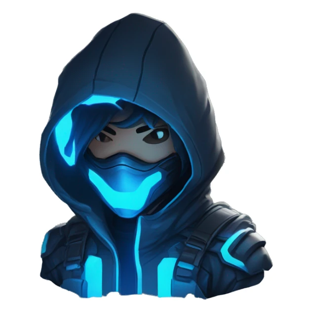 developer behind his laptop with this style : crysis Cyberpunk Riot Games Valorant neon glowing bright blue character blue black hooded assassin themed character sticker