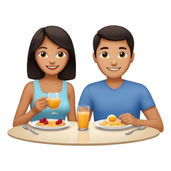 pon una pareja desayunando sedayuno de hotel pareja de pelo moreno sticker