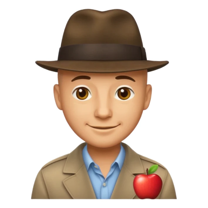 bald man wearing a fedora and smirking, apple emoji style sticker