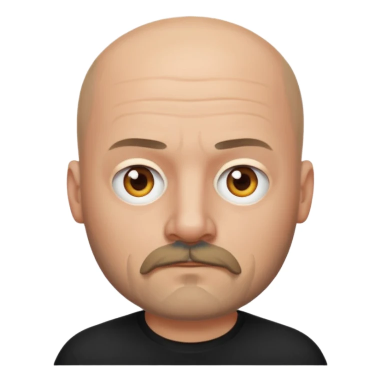 Oliver Riedel, apple style emoji, bald, mustache and goatee, serious face, black t-shirt sticker