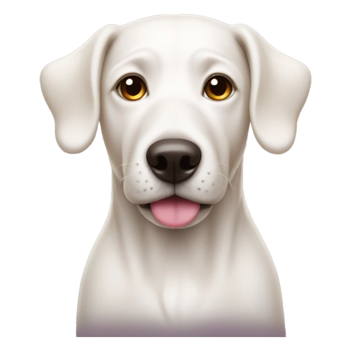 White dog with tan ears and a pink nose sticker