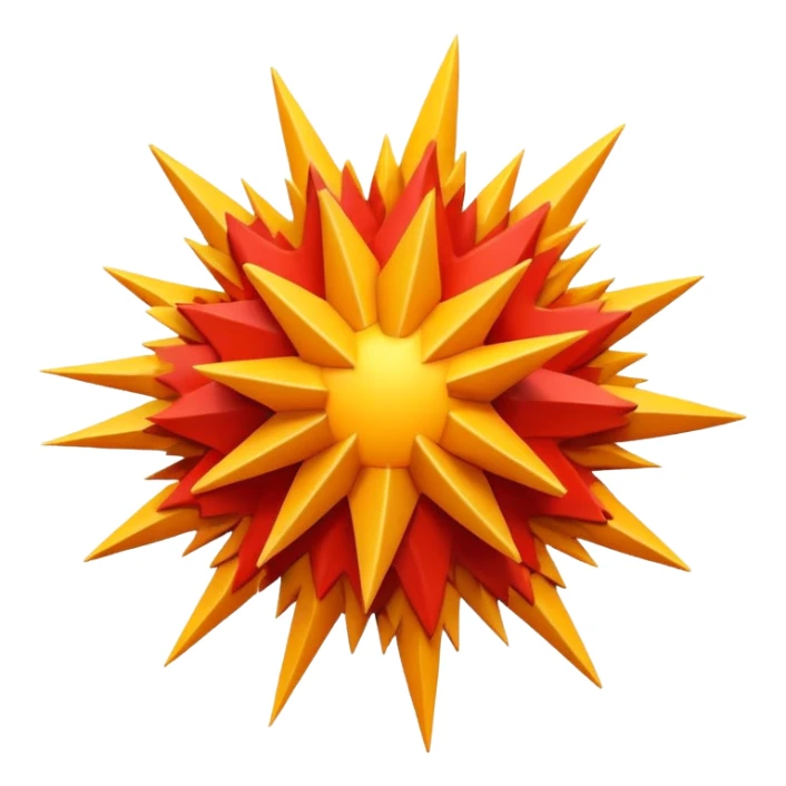 A 3D Apple-style emoji of a bold, jagged explosion shape with layered red, orange, and yellow colors, sharp irregular edges, and a dynamic burst effect sticker