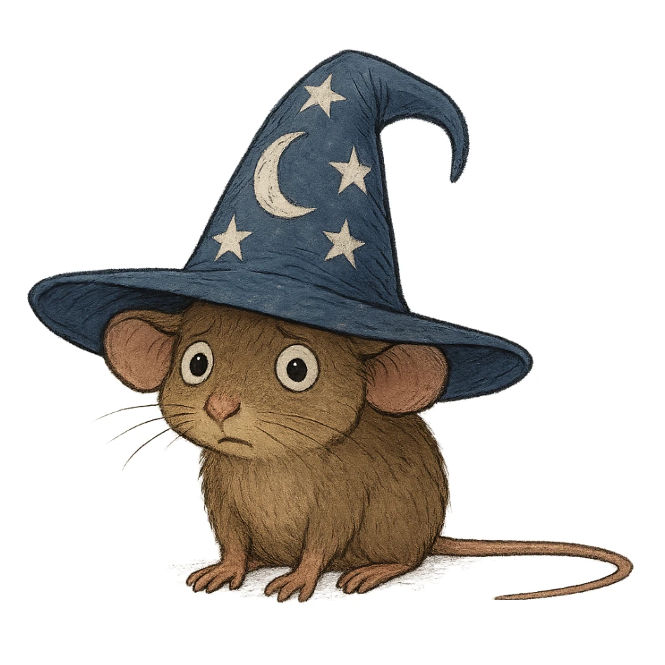 small slightly awkward mouse with short muted brown fur and soft rounded body, large outward tilted ears, small dark beady eyes with bewildered expression, wearing oversized deep blue wizard hat with stitched white stars and crescent moon, hat drooping at top and wide floppy brim sitting unevenly, front paws flat on ground, long thin tail extending straight out behind emphasizing smallness and unease sticker