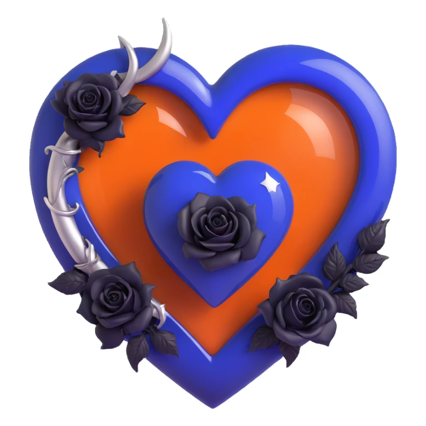 gothic heart in deep blue glass, silver crescent moon accent, black rose details, mysterious and opulent sticker