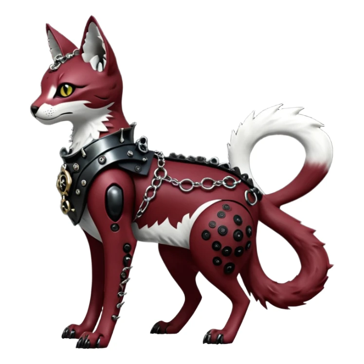 Epic complex knightly divine glorious futuristic detailed dark dusky gloomy deep gothic sanguine-blood-maroon-black-white, realistic Fakémon-Sprigatito-Floragato-Meowscarada-Trico-Sergal-Serval-Vernid-creature (full body) with metal gears and metal collar sticker
