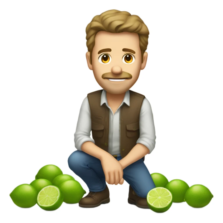 The same white man with brown hair bending down to pick up many fallen limes on the floor . No facial hair please sticker