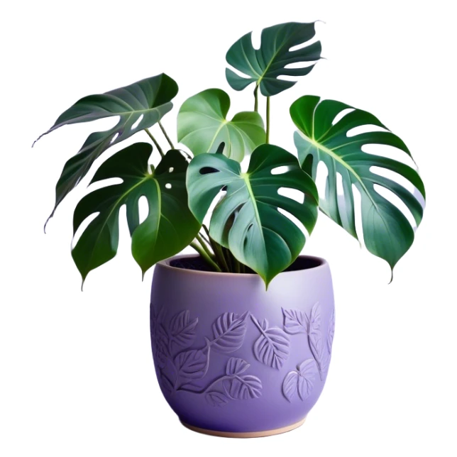 A stunning monstera plant with deep violet-green leaves, each leaf elegantly veined with subtle shades of purple, creating an ethereal glow. The plant is flourishing in a beautifully crafted lavender ceramic pot with intricate embossed floral patterns. The background features a softly blurred, moody violet gradient, enhancing the plant’s lush aesthetic. Delicate strands of ivy and tiny lavender blossoms cascade around the pot, adding depth and harmony. Soft, diffused lighting casts a gentle glow, emphasizing the plant’s unique coloration and creating a dreamy, artistic composition. sticker