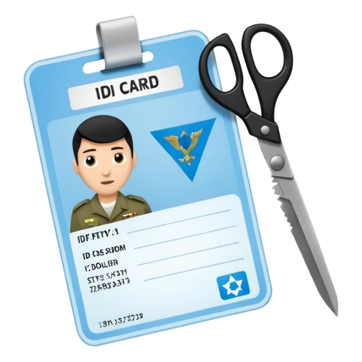 black Scissors cutting a light blue idf soldier ID card in 2 parts .hyper realistic sticker