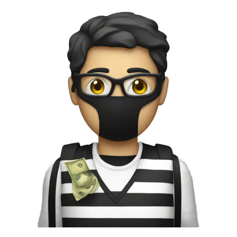 Black and white striped shirt with money bag over shoulder and black mask on sticker