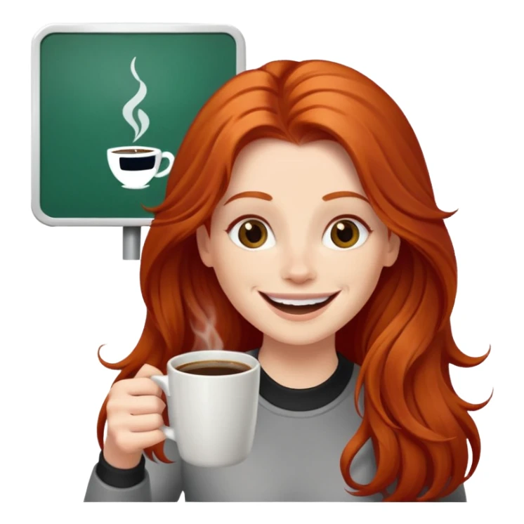 Excited long haired redhead drinking coffee with a sign in front saying GTSY sticker