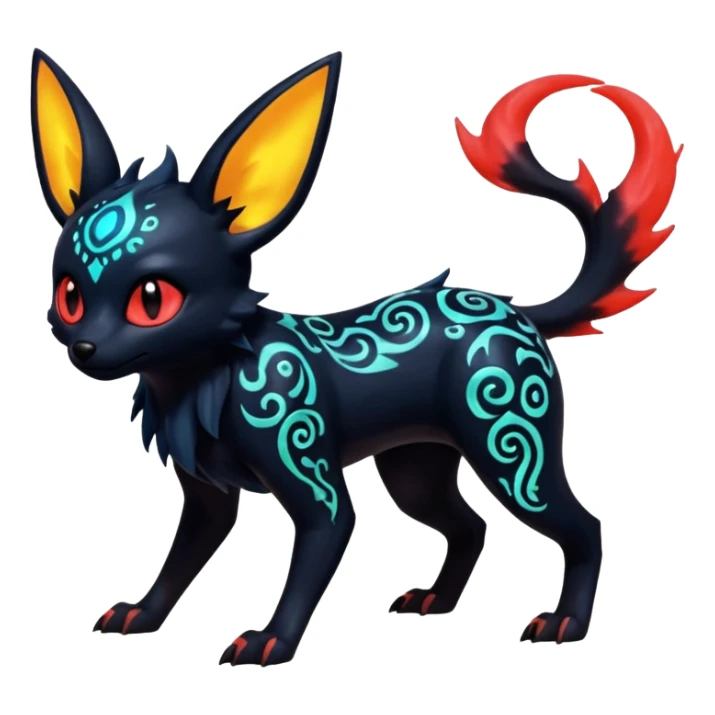 Shiny Fiery Dark Glowing Eldritch Horror Cool Edgy Badass Emo Glorious Demonic Batty Punky Aural Iridescent Fluorescent Bioluminescent Umbreon-Amaura-Salandit-Litten-Flareon-Fakémon-fusion (full body) with intricate pattern markings sticker