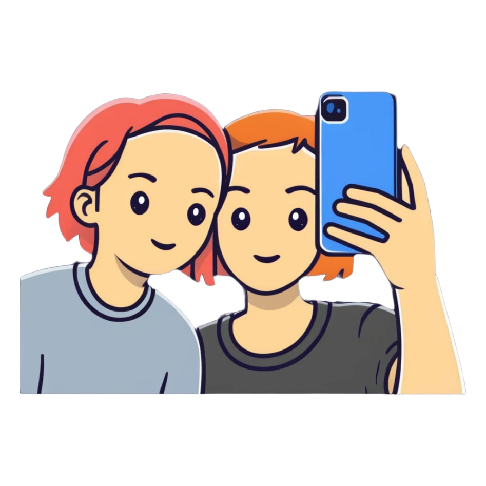 Two best friends taking a selfie together with Instagram frame, holding a phone, Instagram worthy sticker