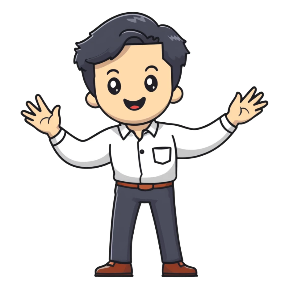 Management educator with black wavy hair, stubble, strong features, white skin, smart casual attire, gesturing while giving a business presentation, enthusiastic teaching expression sticker