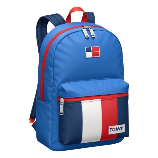 simple blue backpack, at the bottom pocket there is a  one tommyjeans logo featuring a Tommy Jeans-inspired logo. The logo looks like a vertically-flag in red, white. The flag stripes are vertical, not horizontal. Flat

 sticker