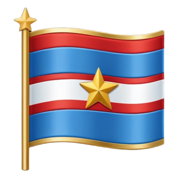 Flag with horizontal blue stripe, then horizontal white stripe, then horizontal red stripe. Red star in the middle outlined in gold  sticker