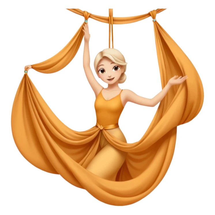 Emoji estilo ilustración de una mujer practicando danza aérea en tela, colgada en telas de seda, expresión feliz, estilo emoji moderno, colores suaves, fondo simple sticker