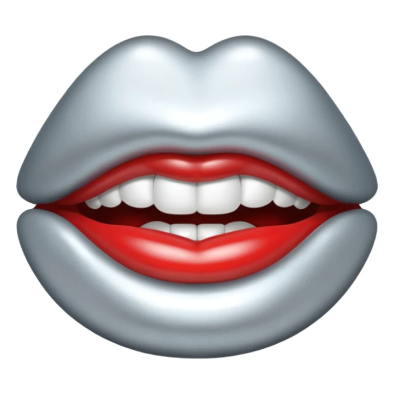 Chrome silver lips emoji, glossy metallic texture, iOS emoji style, smooth reflections, bold but minimal design, centered, silver mouth. all silver sticker