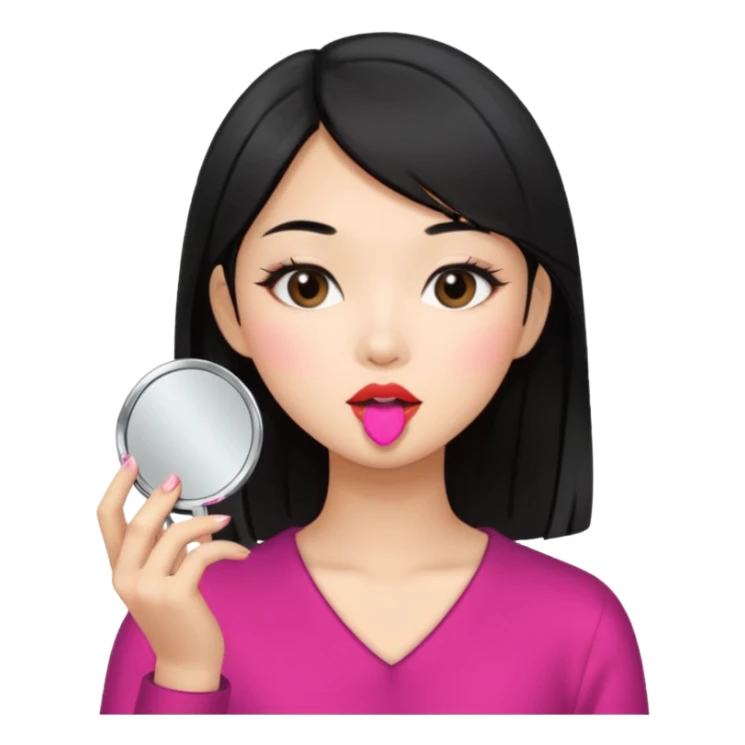 black haired asian girl putting on lipgloss while holding a compact mirror sticker