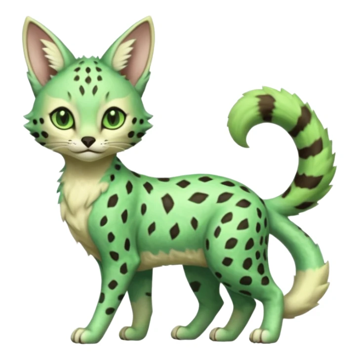 Epic complex detailed emerald-green pastel-lime-green dark-brown beige pastel realistic aesthetic-scenic-Fakémon-Sprigatito-Floragato-Meowscarada-Trico-Sergal-Serval-Vernid-creature sticker