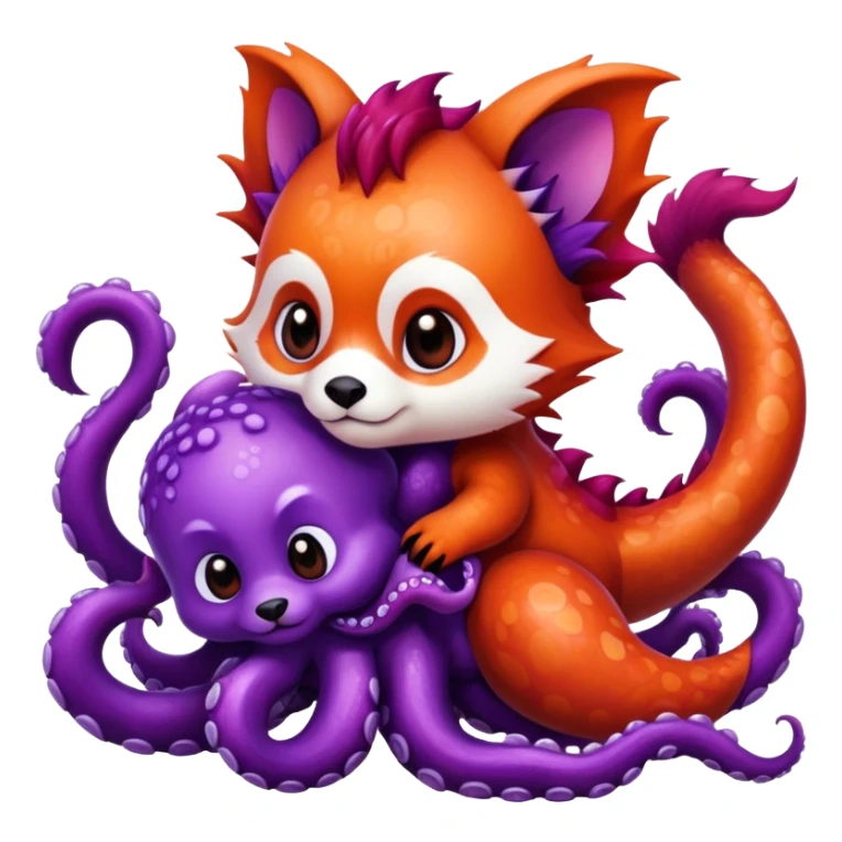 Dragon in the background with a purple octopus 
 and a red panda  sticker