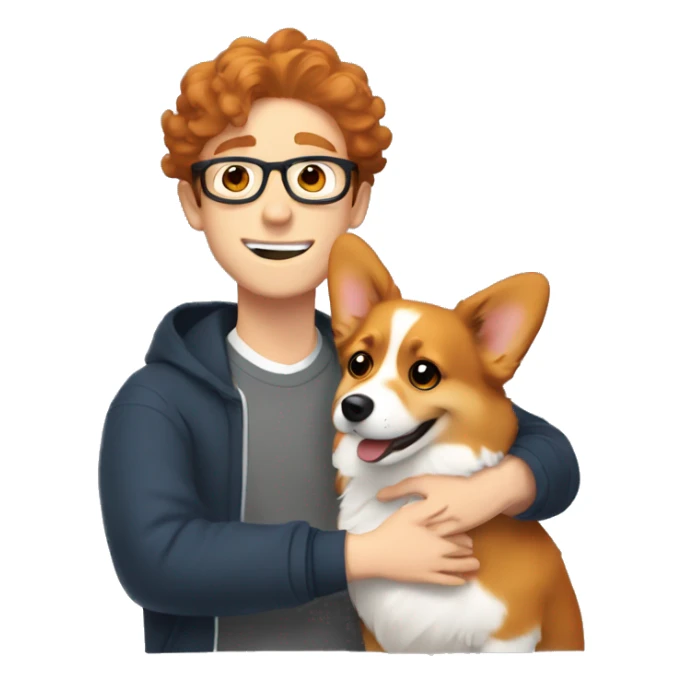 A young man with wavy hair and thin eyeglasses hugs a red-haired corgi sticker