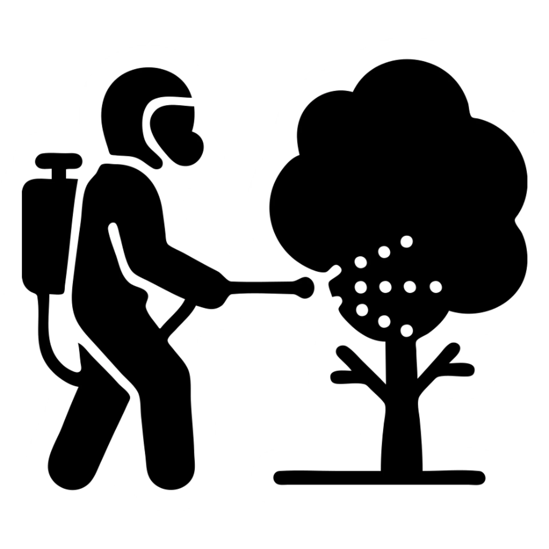 A gardener in protective suit and mask spraying a tree with a sprayer, performing chemical pest control. Bright green garden with trees, visible spray droplets, atmosphere of professional plant protection and garden care sticker