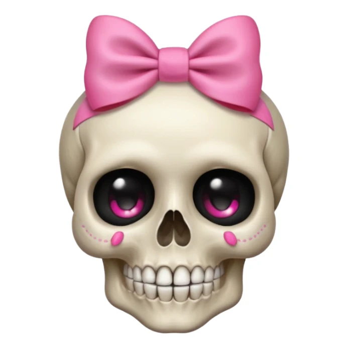 a shy skull with a pink bow, subtle smile, bashful look, apple style emoji sticker
