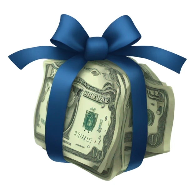 a bundle of money tied with a dark blue bow sticker