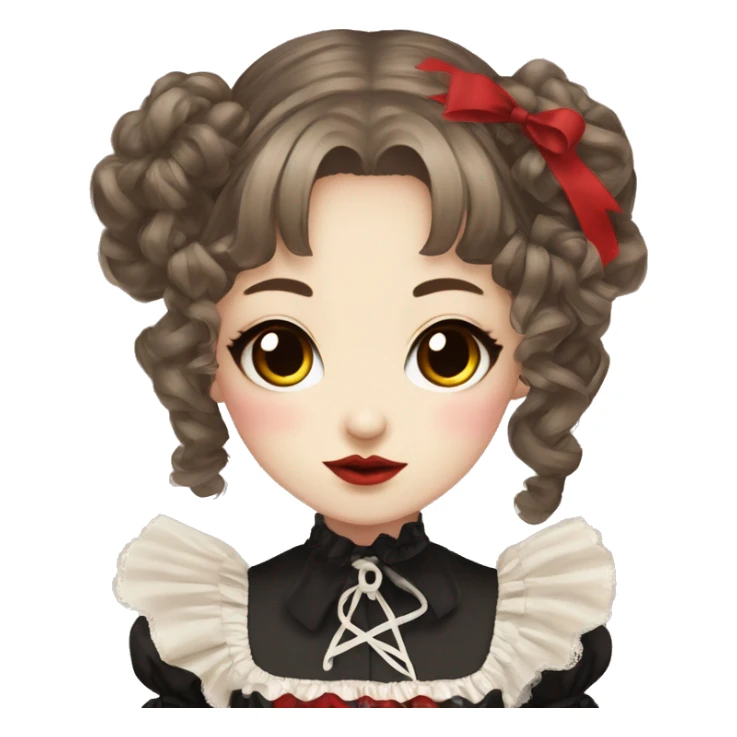 Japanese pale woman with brown curly pigtails and bangs, red lips and eyeshadow, long eyelashes, brown eyes, red Lolita dress with laces and ribbons, gothic Lolita doll look sticker