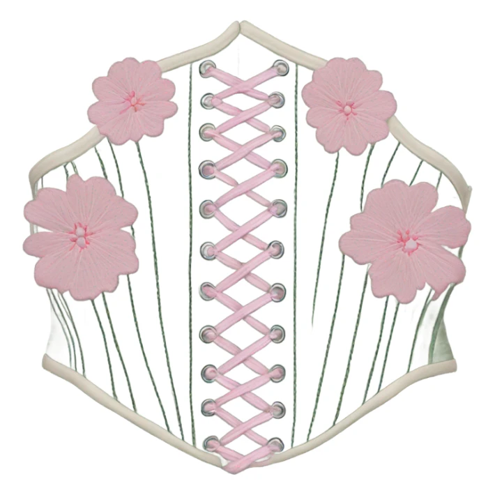 Sage green corset with pink flower embroidery, isolated sticker