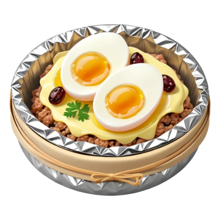 steamed ground pork with raisins, sliced boiled egg, wrapped in foil sticker