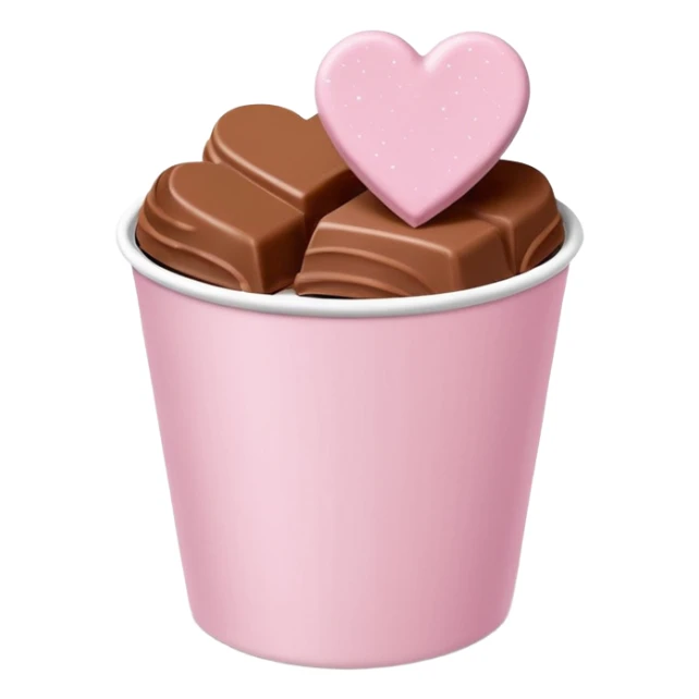 Two glossy square milk chocolate pralines placed diagonally, each in a white ridged paper cup, topped with a soft pastel pink heart icing with subtle sugar sparkle.
Cute minimal emoji-style, realistic and polished, clean studio lighting, pure white background, smooth 3D render, high resolution. sticker