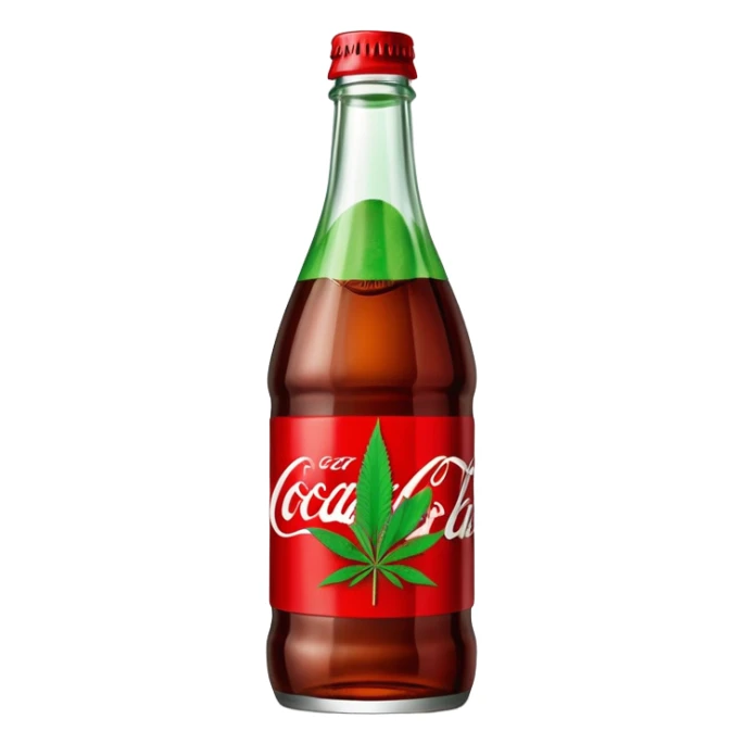 iconic curved Coca-Cola style glass bottle in red with a green cannabis leaf and "red pop" text on the label sticker
