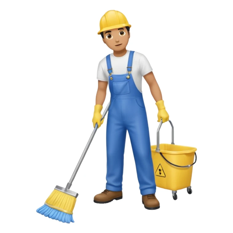 Custodian with yellow rubber gloves, white T-shirt, blue overalls, mopping floor sticker