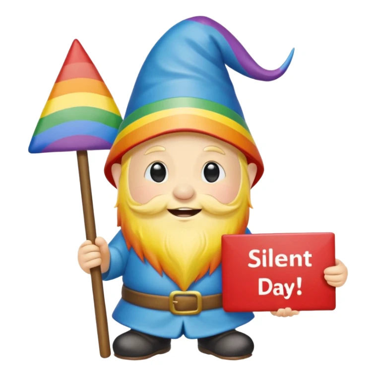 A zen rainbow gnome, holding a sign reading "Silent Letter Day, who's with me?” sticker