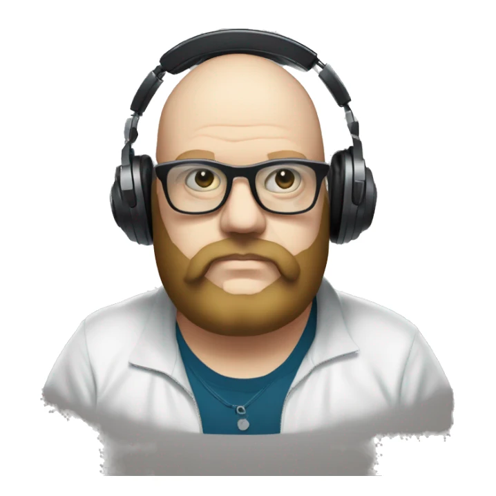 Fat white dj with a mobius beard behind turntables wearing glasses sticker