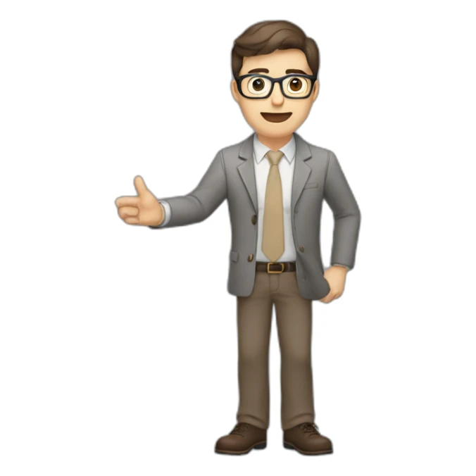 To belt Actively gesturing with hands Pale skinned fit man teacher with dark brown hair in gray jacket, beige office shirt, brown tie, brown pants and vintage glasses. sticker