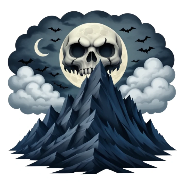 A dark and evil mountain range with a creepy moon and clouds over head. In the style of your bleeding skull art sticker