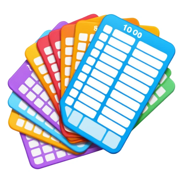 Create blank lottery coupons fanned out, clean and colorful, with different header colors and simple grid sections. No numbers, no text sticker