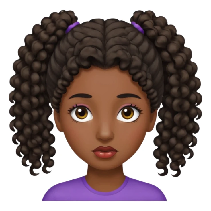 emoji sucking its lips in with one eyebrow up and the other one down dark skin and curly hair in one ponytail with eyelashes up to her hair sticker