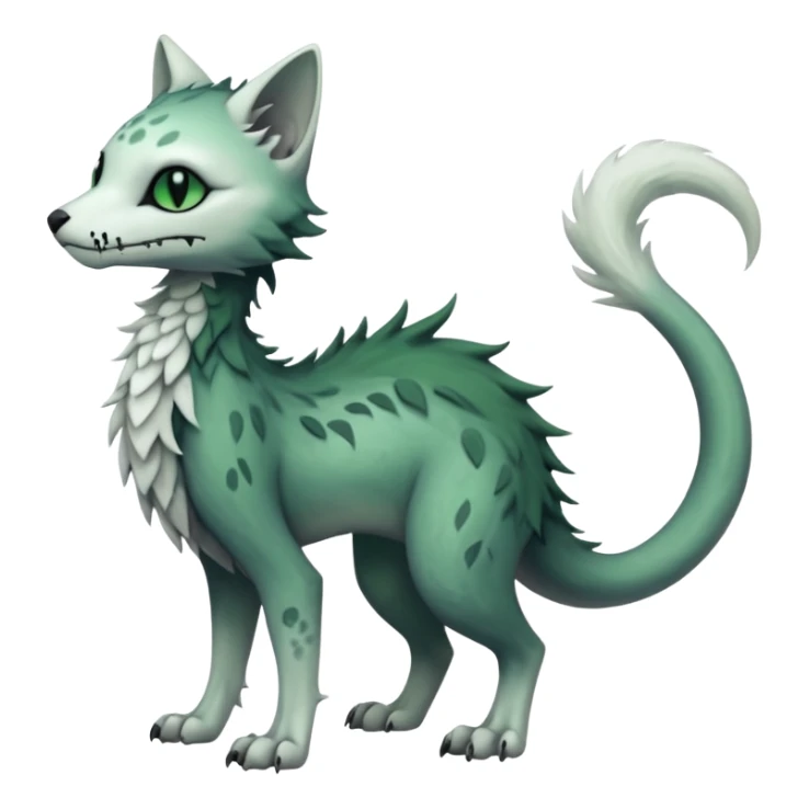 Kawaii divine swampy white-skeletal gloomy ghostly dark greyish dark-deep-greenish foggy eldritch elegant cute beautiful realistic edgy fantasy feline-vernid-sergal-fursona animal creature with a tufted tail full body with intricate markings  sticker