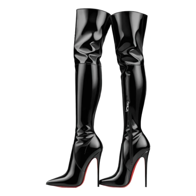 Black aesthetic thigh-high patent leather boots, sharp stiletto heel, elegant silhouette, minimal background, soft studio lighting, luxury editorial style, dramatic shadows, ultra detailed.
 sticker